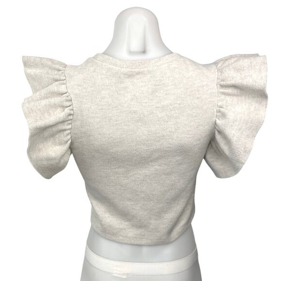 Zara Gray White Ruffle Flutter Sleeve Round Neck Stretch Knit Crop Top Blouse S - Picture 2 of 4